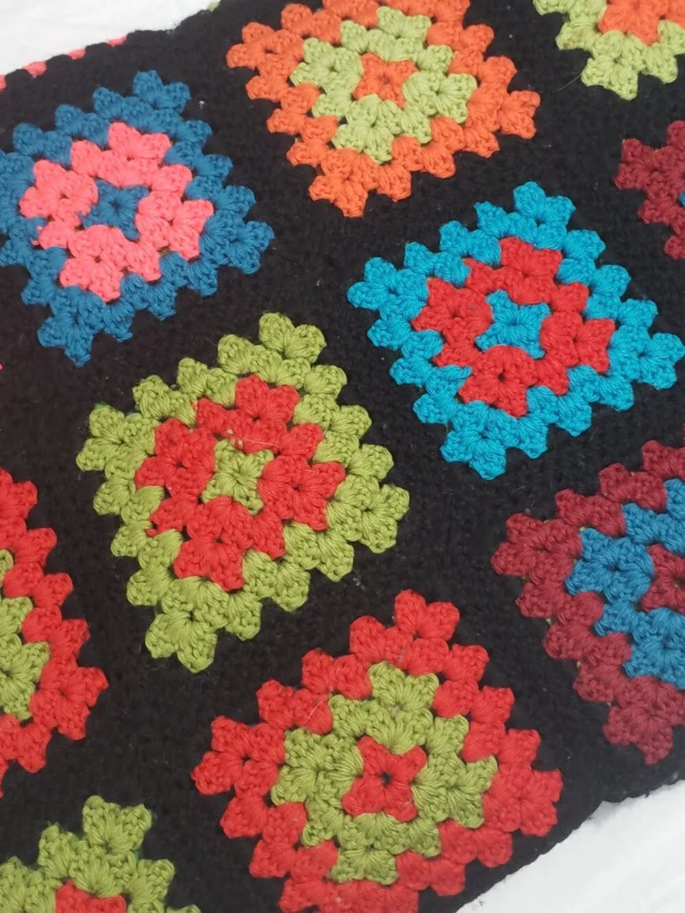 Vintage Granny Square Afghan Black Rainbow Crochet Blanket 56x90 Handmade Throw